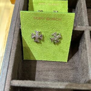 Tory Burch silver-tone pave small logo stud textured rope earrings silver small